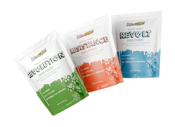 Three Pets on Strike food pouches (Revolution, Resistance, and Revolt) standing upright on a white background