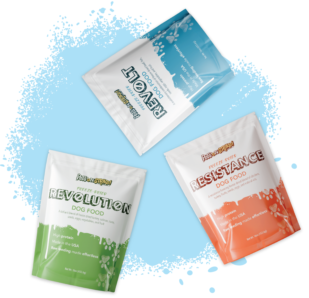 Three stand-up pouches of Hiberizer dog food arranged on a white background with a light blue paint-splatter graphic. The pouches are labeled Revolution, Resistance, and Revolution+Resist.