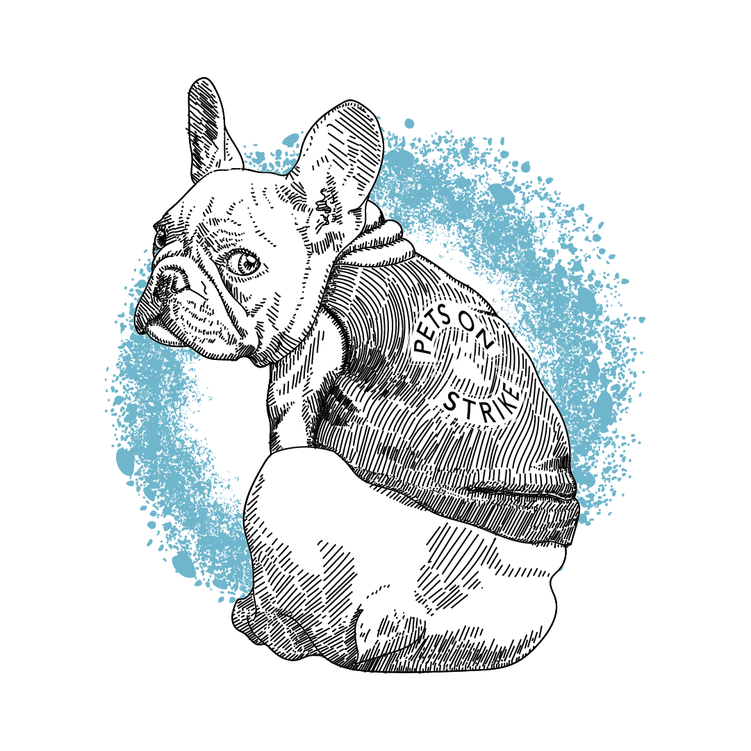 Hand-drawn illustration of a French Bulldog wearing a biker jacket with a large Pets on Strike logo patch on the back of the jacket, surrounded by a blue splatter design