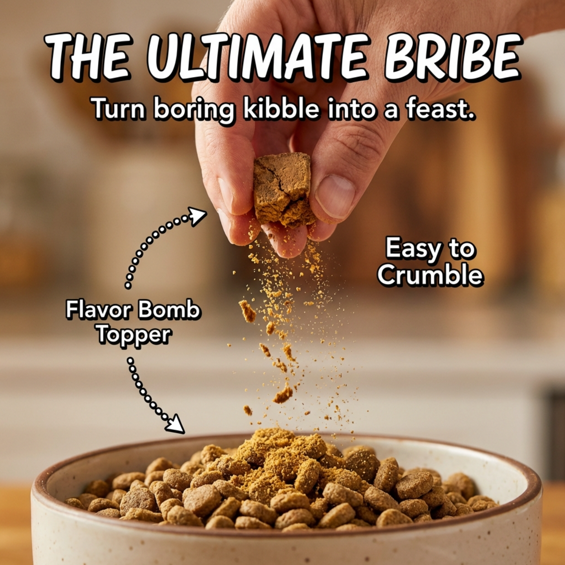 Hand sprinkling Freeze Dried Liver Treat over dog food with text highlighting features.