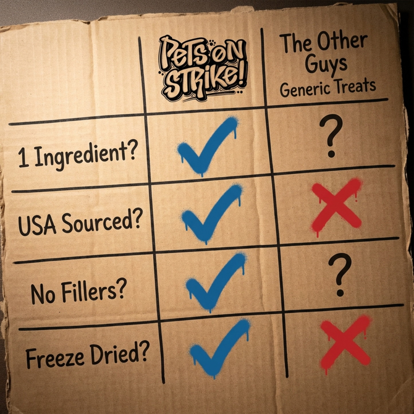 Cardboard sign comparing 'Pets on Strike!' treats to 'The Other Guys' generic treats with checkboxes and question marks.
