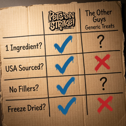 Cardboard sign comparing 'Pets on Strike!' treats to 'The Other Guys' generic treats with checkboxes and question marks.