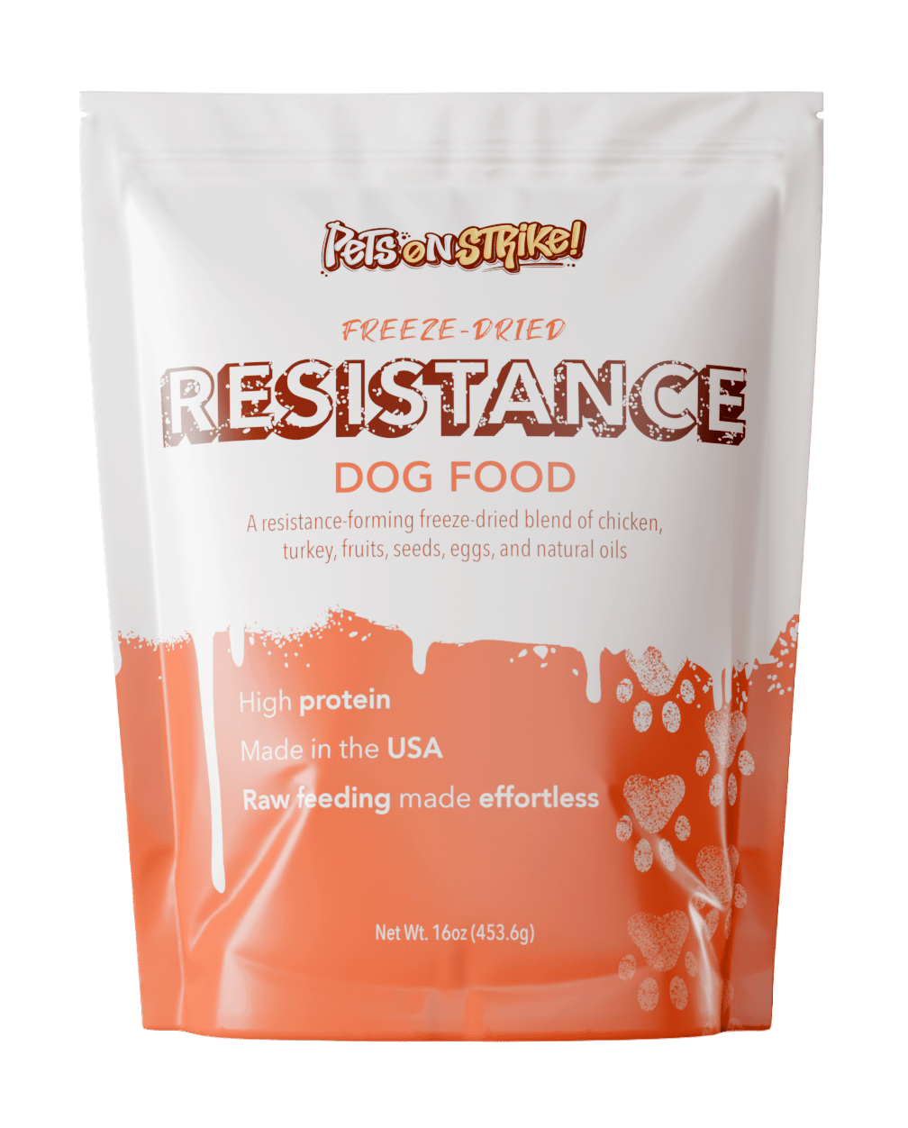 Resistance Freeze-Dried Dog Food in a white and orange bag, high protein, made in the USA, raw feeding made effortless.