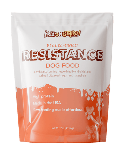 Resistance Freeze-Dried Dog Food in a white and orange bag, high protein, made in the USA, raw feeding made effortless.