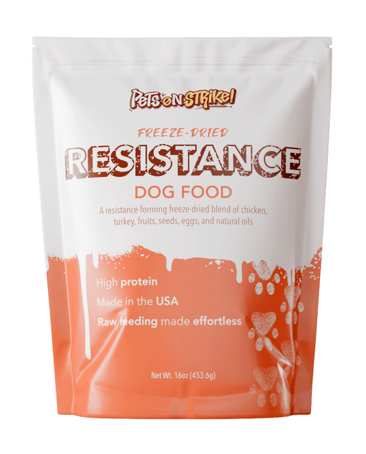 Resistance Freeze-Dried Dog Food in a white and orange bag, high protein, made in the USA, raw feeding made effortless.