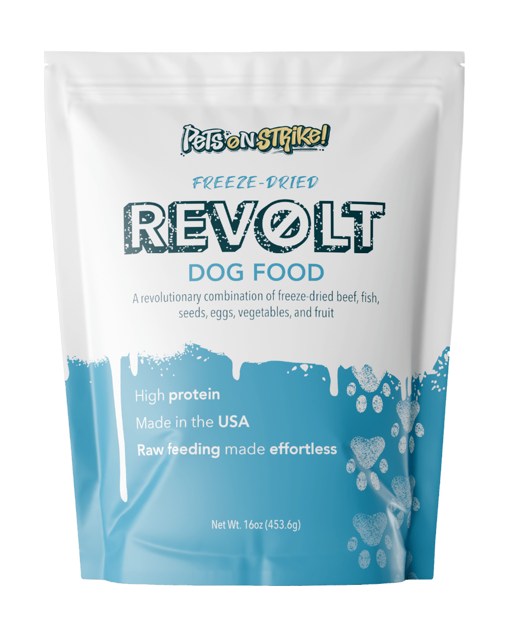 Revolt Freeze-Dried Dog Food, high protein blend of beef, fish, eggs, vegetables, and fruit, 16 oz package.