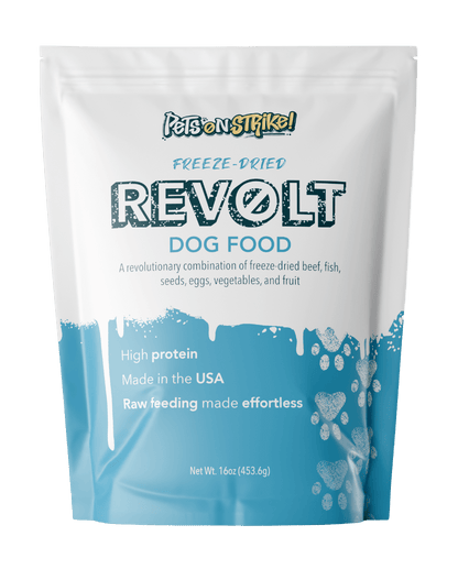 Revolt Freeze-Dried Dog Food, high protein blend of beef, fish, eggs, vegetables, and fruit, 16 oz package.