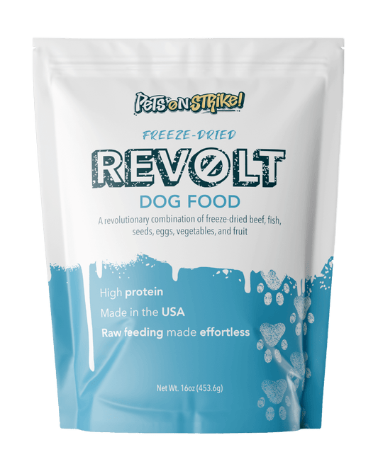 Revolt Freeze-Dried Dog Food, high protein blend of beef, fish, eggs, vegetables, and fruit, 16 oz package.