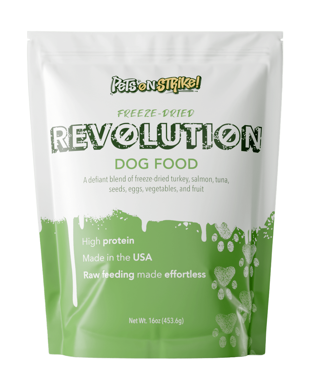 Revolution Freeze-Dried Dog Food in a green and white bag, high protein, made in the USA, raw feeding made effortless.
