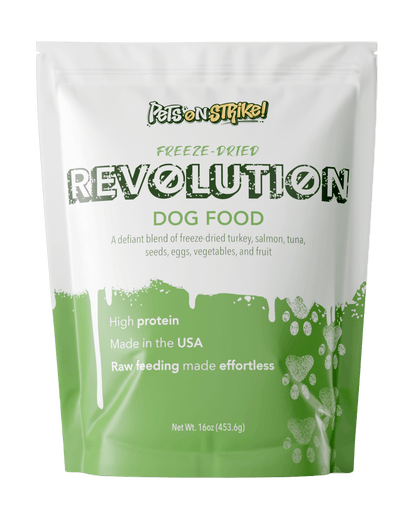 Revolution Freeze-Dried Dog Food in a green and white bag, high protein, made in the USA, raw feeding made effortless.