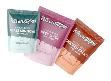Three Pets on Strike treat pouches (glass minnows, beef liver, and chicken breast) arranged on a white background